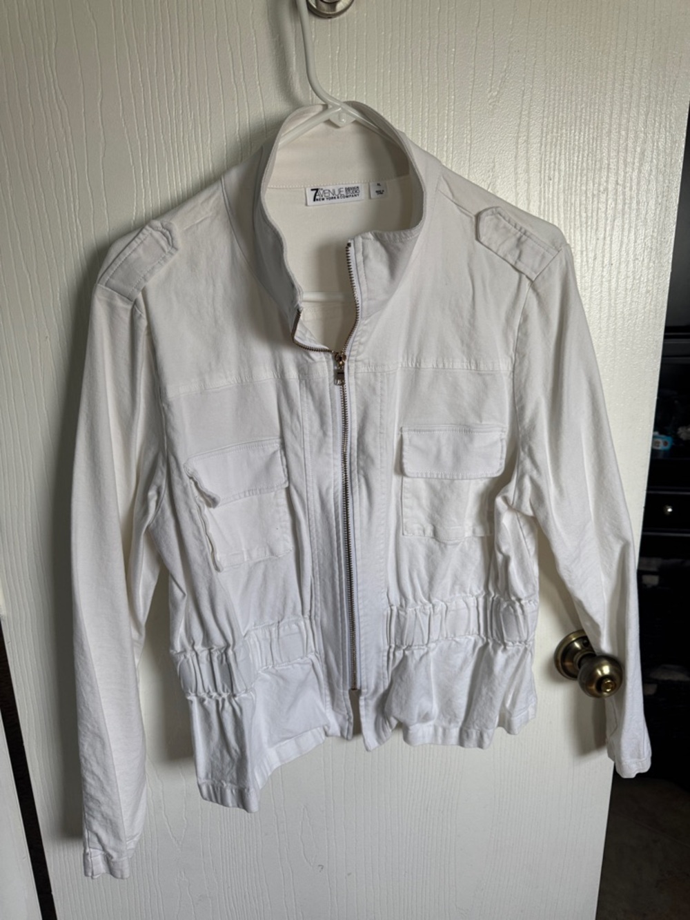 7 avenue design studio White Utility Jacket with Front Zip & Patch Pockets